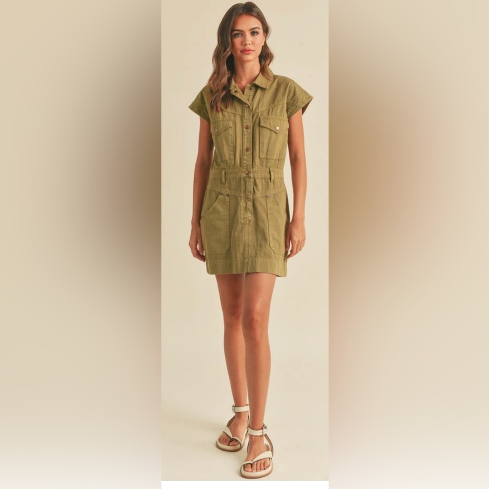 Miou Muse  Olive Utility Romper - Sleeveless Button-Front dress